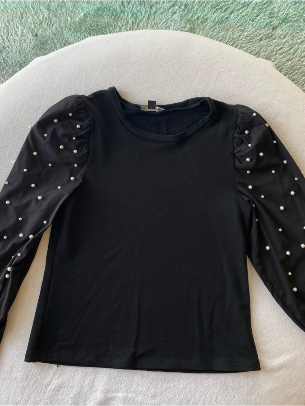 Boston Proper Black Pearl-Stud Puff Sleeve Long Sleeve Top